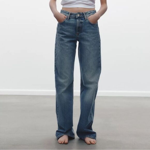 ZARA Mid Rise Wide Leg Full Length Loose Fit Medium Blue No Stretch Denim Jeans - Picture 3 of 12